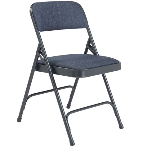 metal folding chair with fabric upholstered seat & back blue|foldable cushioned black metal chair.